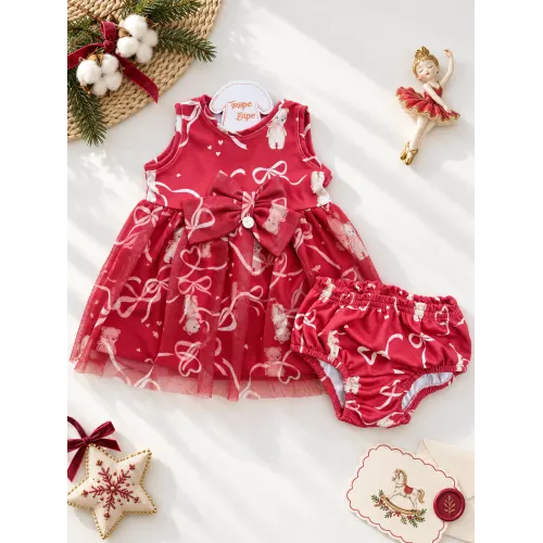 Vestido e Tapa Fralda Ursos com Lacinhos - Vermelho