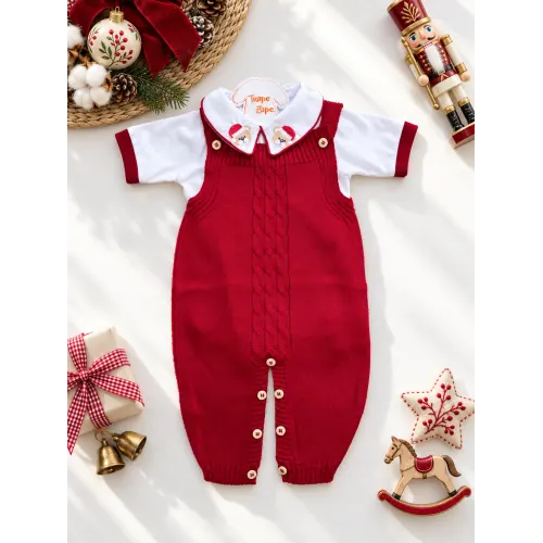  Conjunto Jardineira de Linha e Body Ursinho de Natal - Vermelho