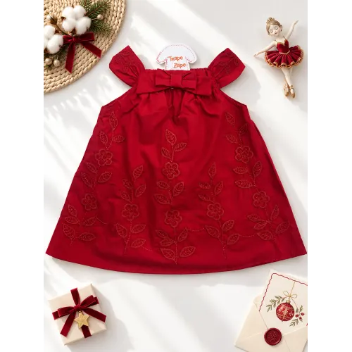  Vestido com Flores Bordadas e Laço - Vermelho