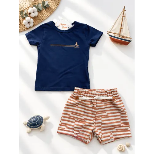 Conj. Camiseta Barquinho e Bermuda Listrada - Marinho