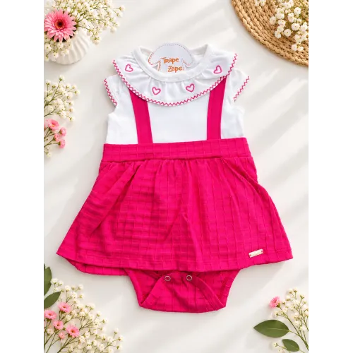 Body Vestido com Gola Bordada Corações - Off White e Pink