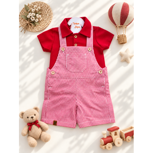 Jardineira e Camiseta Polo Xadrez Vermelho