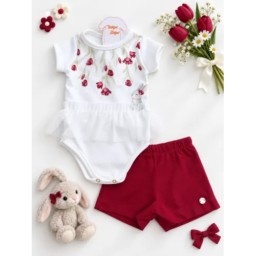 Verão 2027 Conj. Body Floral Coelhinho e Short Vermelho