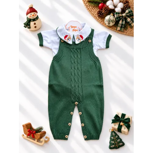  Conjunto Jardineira de Linha e Body Ursinho de Natal - Verde