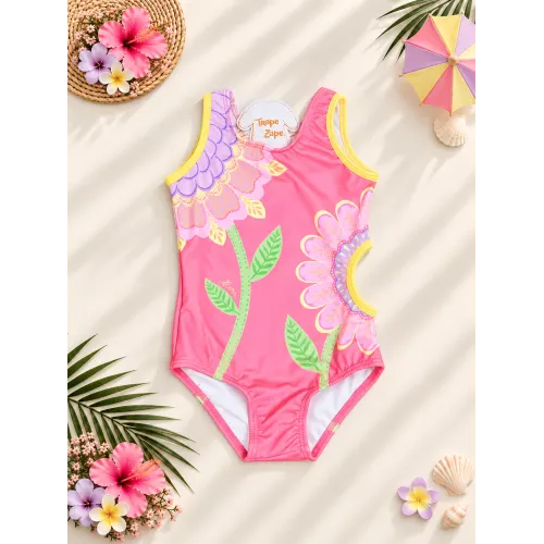 Linha Praia - Maiô com Proteção FPS 50 - Flores - Rosa Neon