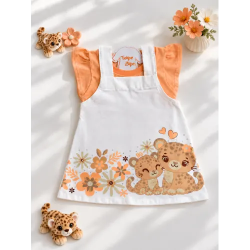 Conj. Blusa e Salopete Oncinhas - Off White e Laranja