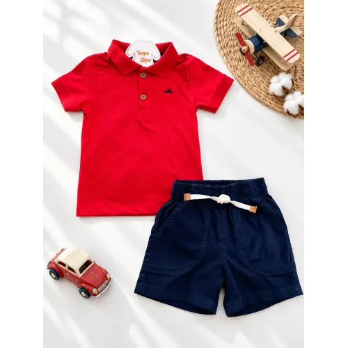 Conj. Camiseta Gola Polo com Botoes e Bermuda - Vermelho