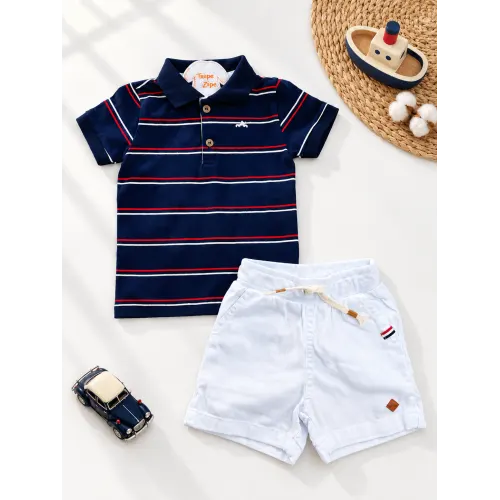 Conj. Camiseta Listrada Gola Polo e Bermuda - Marinho