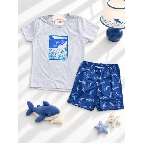 Pijama Camisa e Bermuda Tubarões - Mescla e Azul 