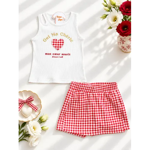  Conj. Regata Oui My Chérie e Short Saia Xadrez - Vermelho e Off White