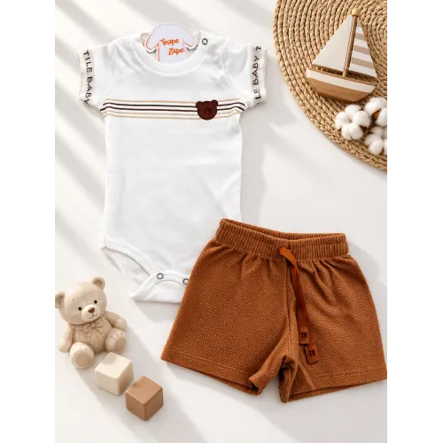 Conj. Body Listras Ursinho e Bermuda - Off White e Ferrugem