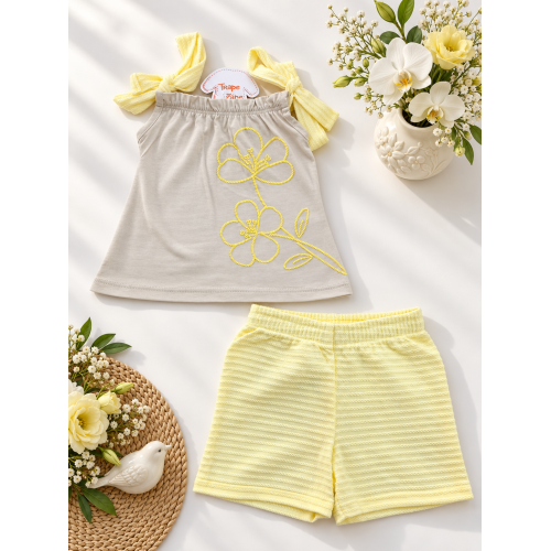 Conj. Regata Flor Tropical e Short - Amarelo e Areia