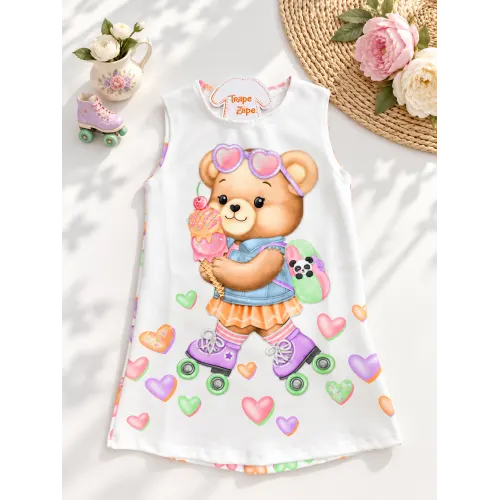 Vestido Regata com Ursinha Patinadora - Off White 