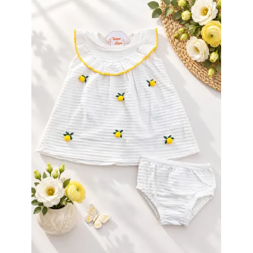 Conj. Vestido Limãozinho de Pompons e Tapa Fralda - Off White