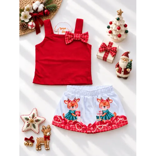  Conj. Regata com Lacinho Xadrez e Short Saia Renas - Vermelho e Branco