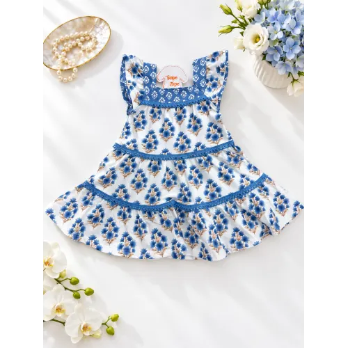  Vestido Floral com Plantas Douradas - Azul
