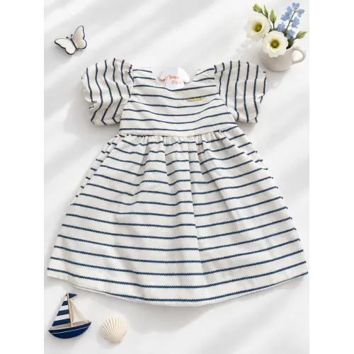 Vestido em Linho Natural e Marinho