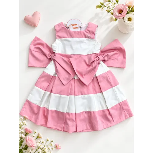 Vestido Tricoline Rosa e Off White com Laços