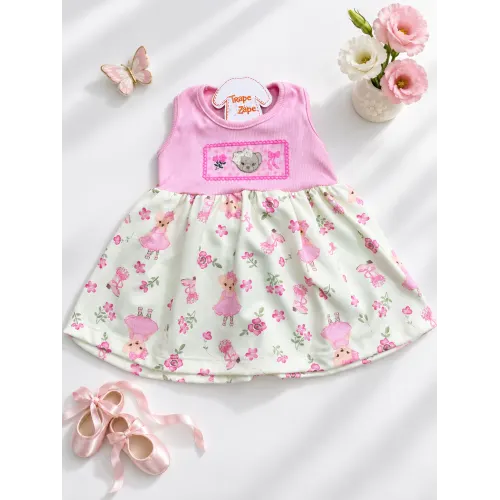 Vestido Ribana Ursinhas - Rosa e Creme