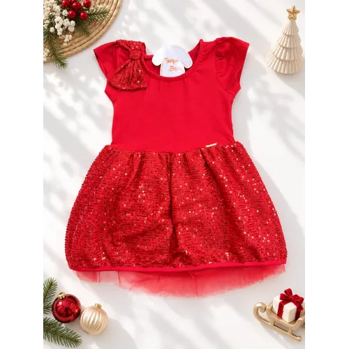 Vestido com Paetê e Tule - Vermelho