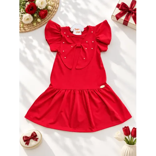 Vestido Laço Grande com Pérolas e Brilhos - Vermelho