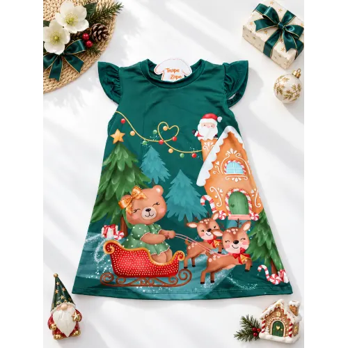  Vestido Ursinha com Renas e Papai Noel - Verde