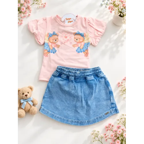 Conj. Blusa Ursinhas Fadinhas e Short Saia Jeans - Rose