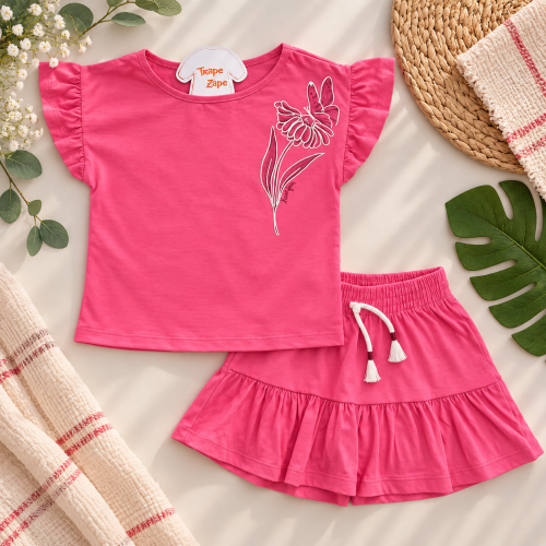 Conj Pink Borboleta na flor e Saia Rodada c/ short
