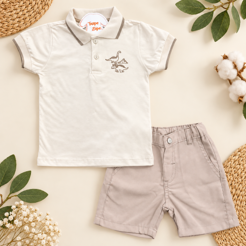 Conj Camiseta Polo dinossauros e Short sarja Areia