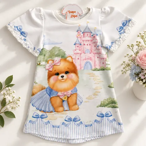 Vestido Doguinha com Castelo - Off White e Azul Bebê