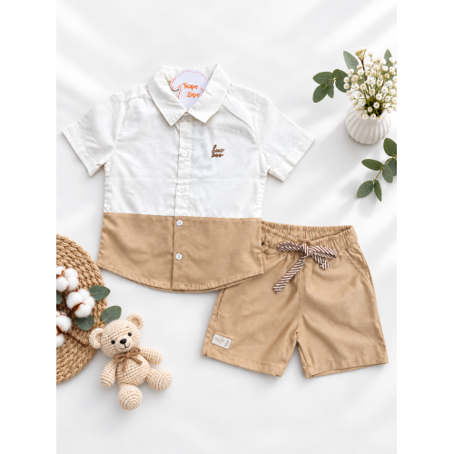 Conj. Camisa em Linho Bicolor e Bermuda - Areia e Caramelo