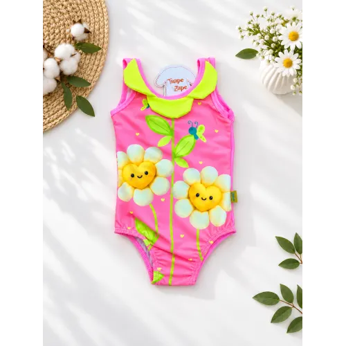 Maiô Florzinhas com Proteção UV50+ - Rosa Neon
