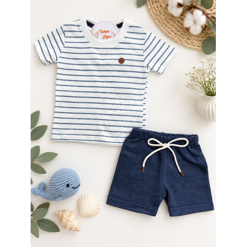 Conj. Camiseta Listrada e Bermuda - Off White e Azul Jeans