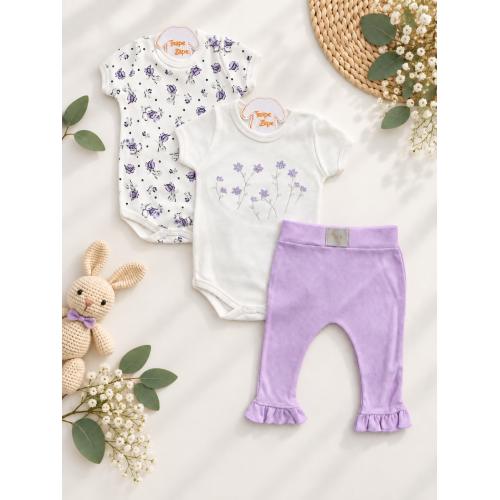  CONJ. DE MALHA 3 PEÇAS - Florzinhas de Jardim - Off White e Lilás