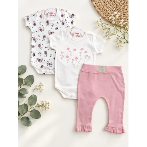  CONJ. DE MALHA 3 PEÇAS - Florzinhas de Jardim - Off White e Rose