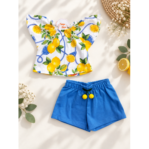 Conj. Batinha Limões e Short com Pompom - Off White e Amarelo
