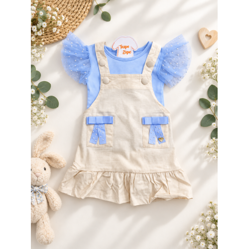 Conj. Blusa Babadinho em Tule com Pérolas e Salopete em Linho - Azul e Areia