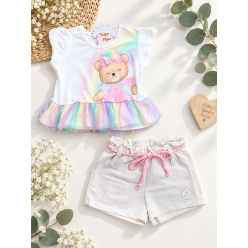 Conj. Blusa Ursinha Candy Rainbow e Short em Linho - Off White e Areia