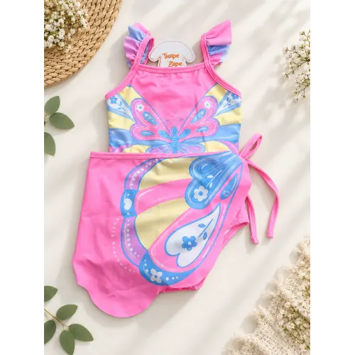 Maiô Borboleta e Saída de Praia com Proteção UV50+ - Rosa Neon