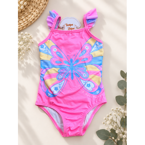 Maiô Borboleta e Saída de Praia com Proteção UV50+ - Rosa Neon