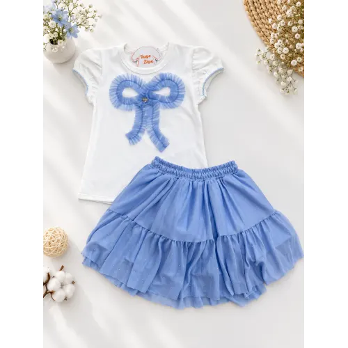Conj. Blusa Laço com Babadinho e Saia em Tule - Azul Claro