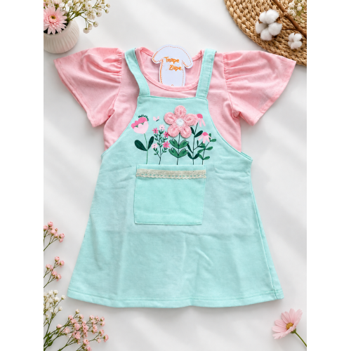 Conj. Blusa e Salopete com Flores - Rosa e Verde Agua