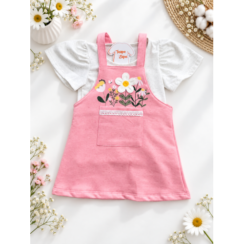 Conj. Blusa em Linho e Salopete com Flores - Rosa e Areia