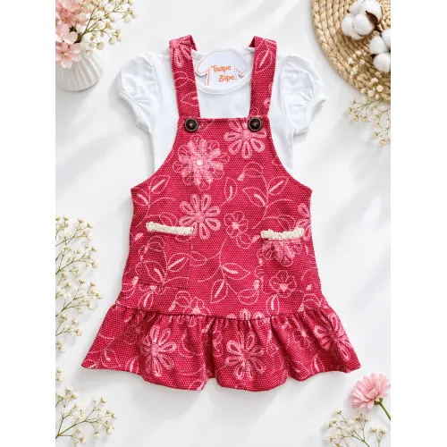 Conj. Body Manga Curta e Salopete Floral - Vermelho e Off White 