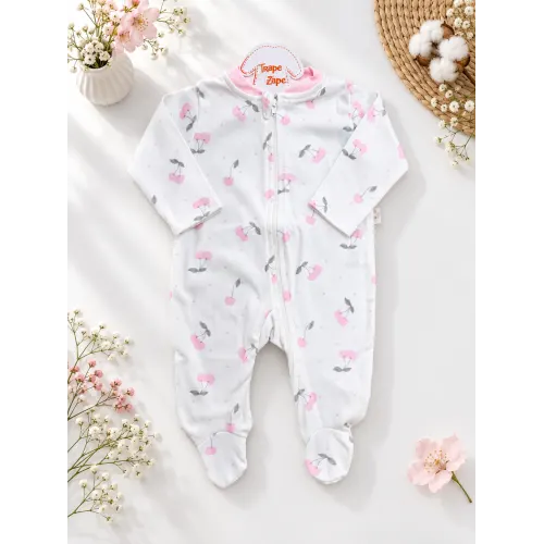 Macacão de Malha com Abertura em Zíper Cerejas Rosas - Off White e Rose