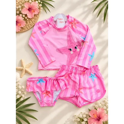 Linha Praia 3 Peças - Blusa Manga Longa Estrela do Mar, Short e Calcinha com Proteção UV50+ - Rosa