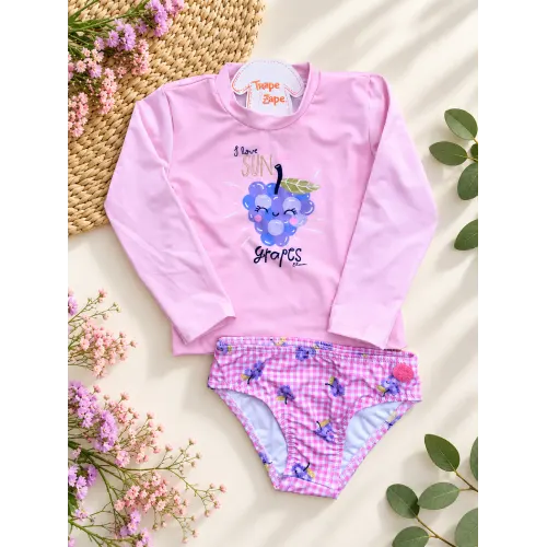 Linha Praia - Conj. Blusa Manga Longa Grapes e Calcinha com Proteção UV50+ - Rosa