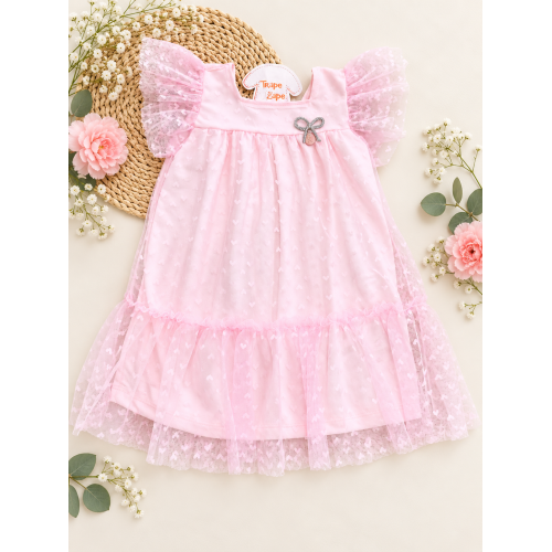 Vestido Midi em Tule de Corações - Rosa
