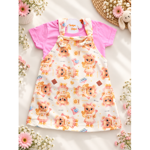 Conj. Blusa e Salopete Ursinha Chefe - Rosa