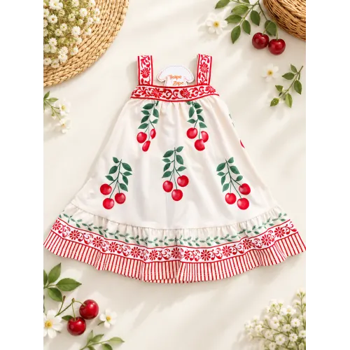 Vestido Cerejinhas com Passamanaria Floral - Areia e Vermelho